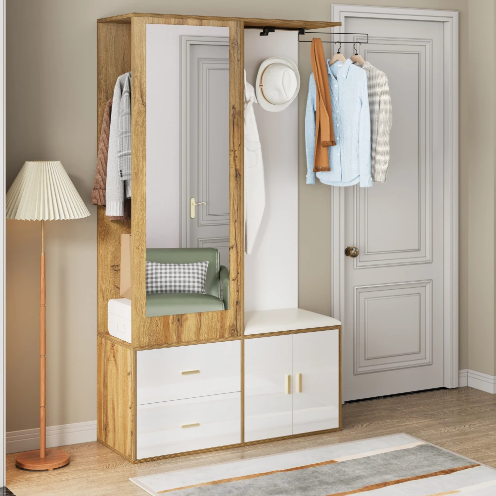 PINGGO Edles Garderoben-Set mit Spiegel, Schuhschrank, Schuhbank mit Haken, ausziehbarer Kleiderstange in Weiß und Holzfarben – Detail 7
