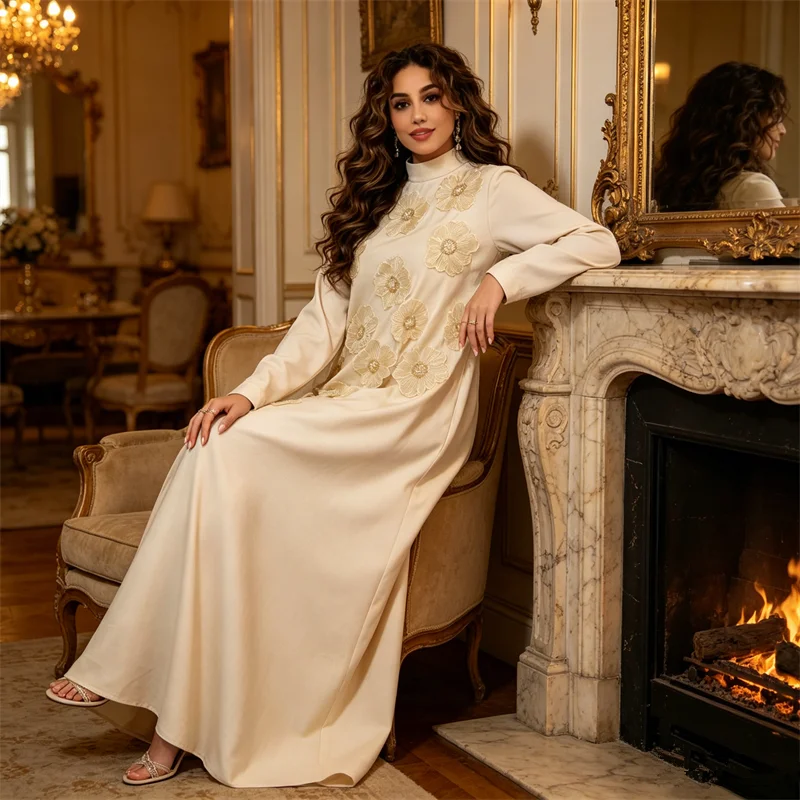 3D Floral Applique Modest Abaya Dress Elegant High Neck Long Sleeve Maxi Dress Women Islam Evening Gown Eid Abayas Muslim Kaftan