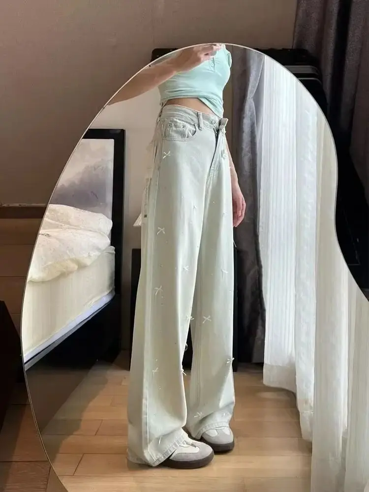Herbst Koreanische Bogen Heißer Diamant Lose Fit Große Größe Frauen Breite Bein Jeans Mode Lässig Gerade Bein Vielseitige Jeans für Frauen