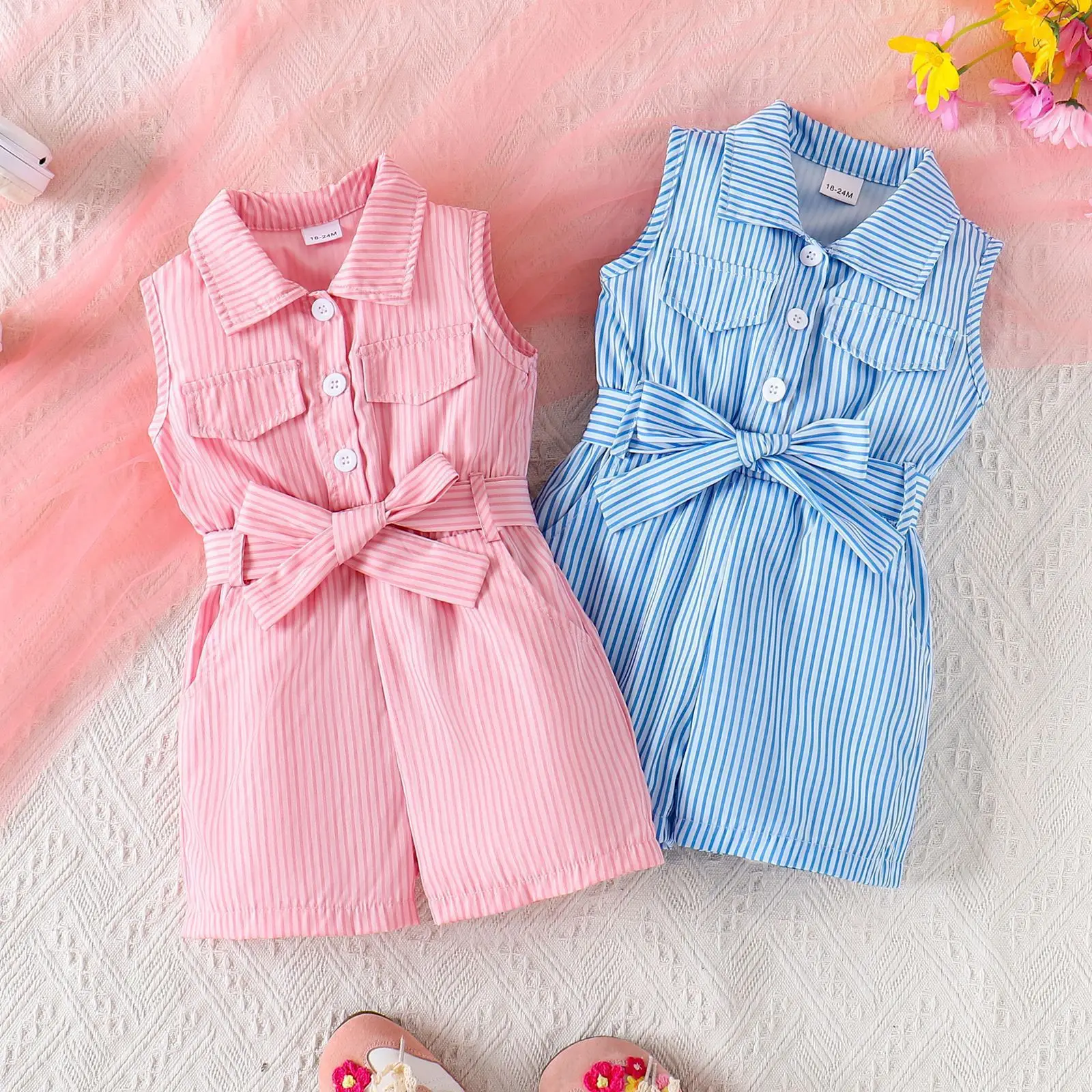 Summer Kids Girls European American Style Striped Jumpsuit Cute Bow Decor Fashion Outfit for 18M-6Y