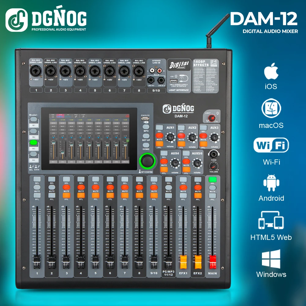 DGNOG DAM-12 12-Channel Digital Audio Mixer with 6 Auxiliaries & 4-Band Equalizer USB 48V Phantom Power DJ Console for DJ Stages