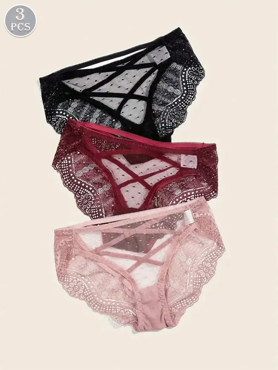 

3pcs Women Lace Panties Set Solid Color Breathable Comfortable Triangle Style Daily Wear