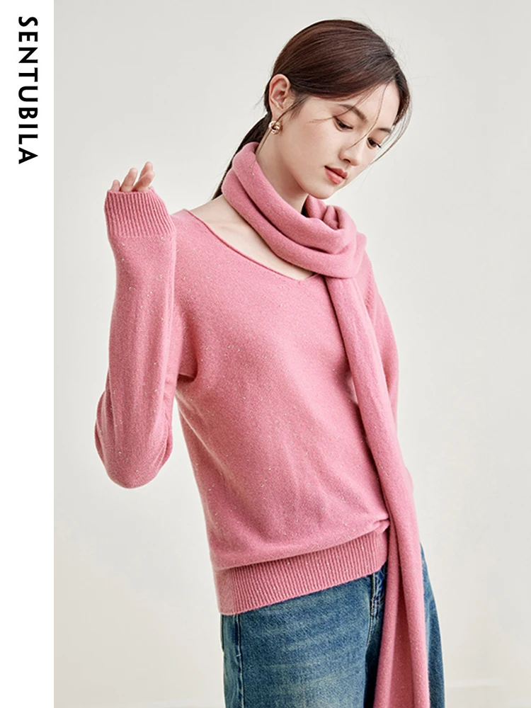 SENTUBILA 92.5% Wool Blend Base Knit Tops for Women 2024 Autumn Winter V-neck Stretch Long Sleeve Pullover Sweaters Knitwears