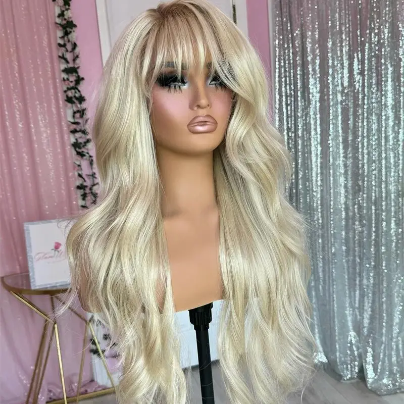 Ombre Icy Blonde Loose Wave HD Transparent Lace Front Wig With Bangs Realistic Hairline Wig For Women High Density Daily/Cosplay