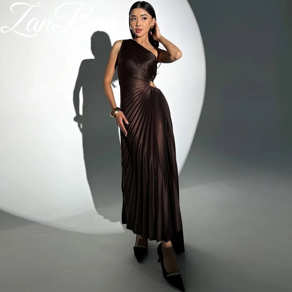 ZanBan 2026 New One-Shoulder Brown Evening Dress Pleat A-Line Floor Length Satin Women Sleeveless Prom Gowns Corest Customized