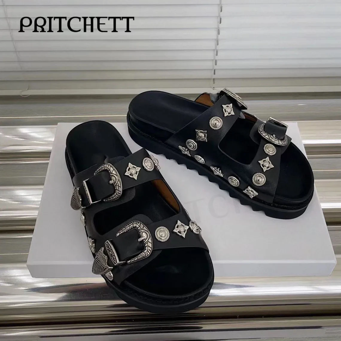 Silver Metal Decorative Platform Slippers Round Toe Leather Open Toe Slippers Personality Casual Fashion Women's Shoes