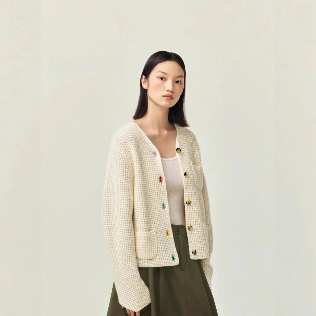 

Liu Wen Co-Branded V-Neck Floral Cashmere Wool Knitted Cardigan Jacket Women's Fashionable Open-Shirt Style Warmth