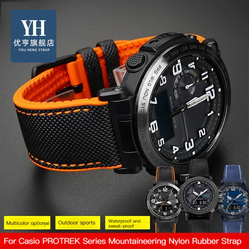 

For Casio PROTREK Series PRG-600YB PRG-650 PRW-6600 Nylon Rubber Bottom Watchband Canvas Silicone Watch Band Sports Strap 24mm