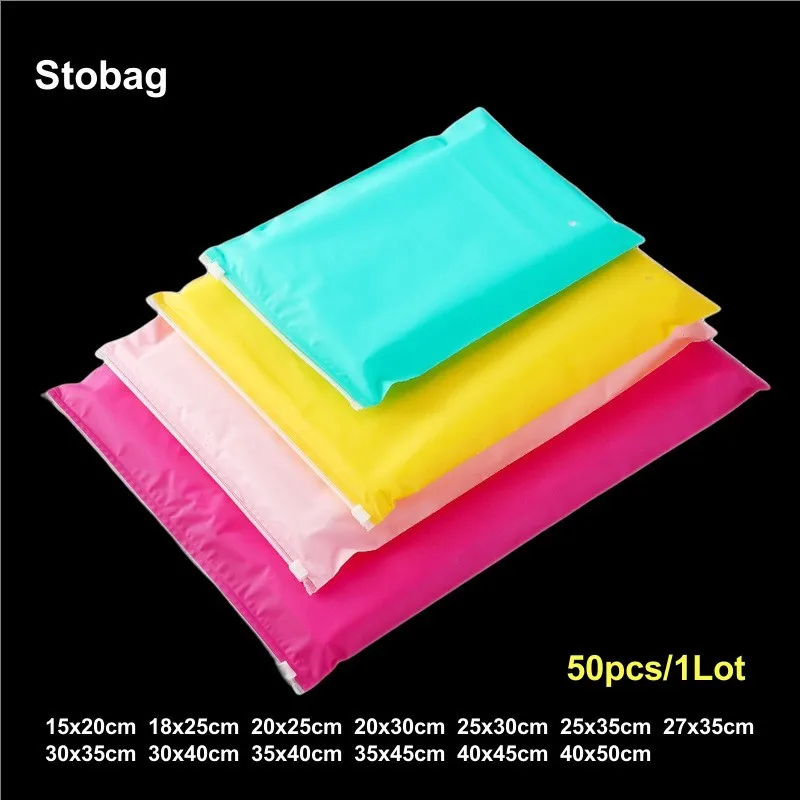 StoBag 50pcs Wholesale Frosted Colorful Clothes Packaging Zipper Bags Plastic Shipping Sealed Shirt Storage Reusable Pouches