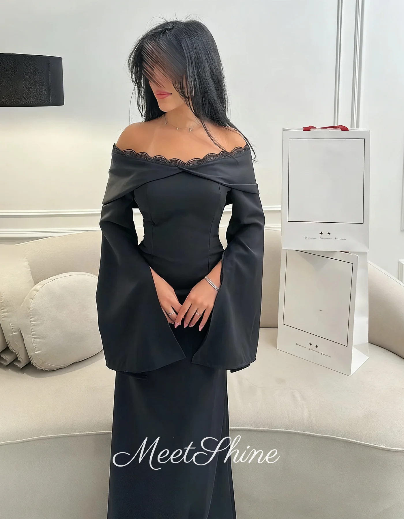 Vintage sirena negro fuera del hombro vestidos de noche simple con llamarada mangas largas satén formal vestido de fiesta de boda personalizado