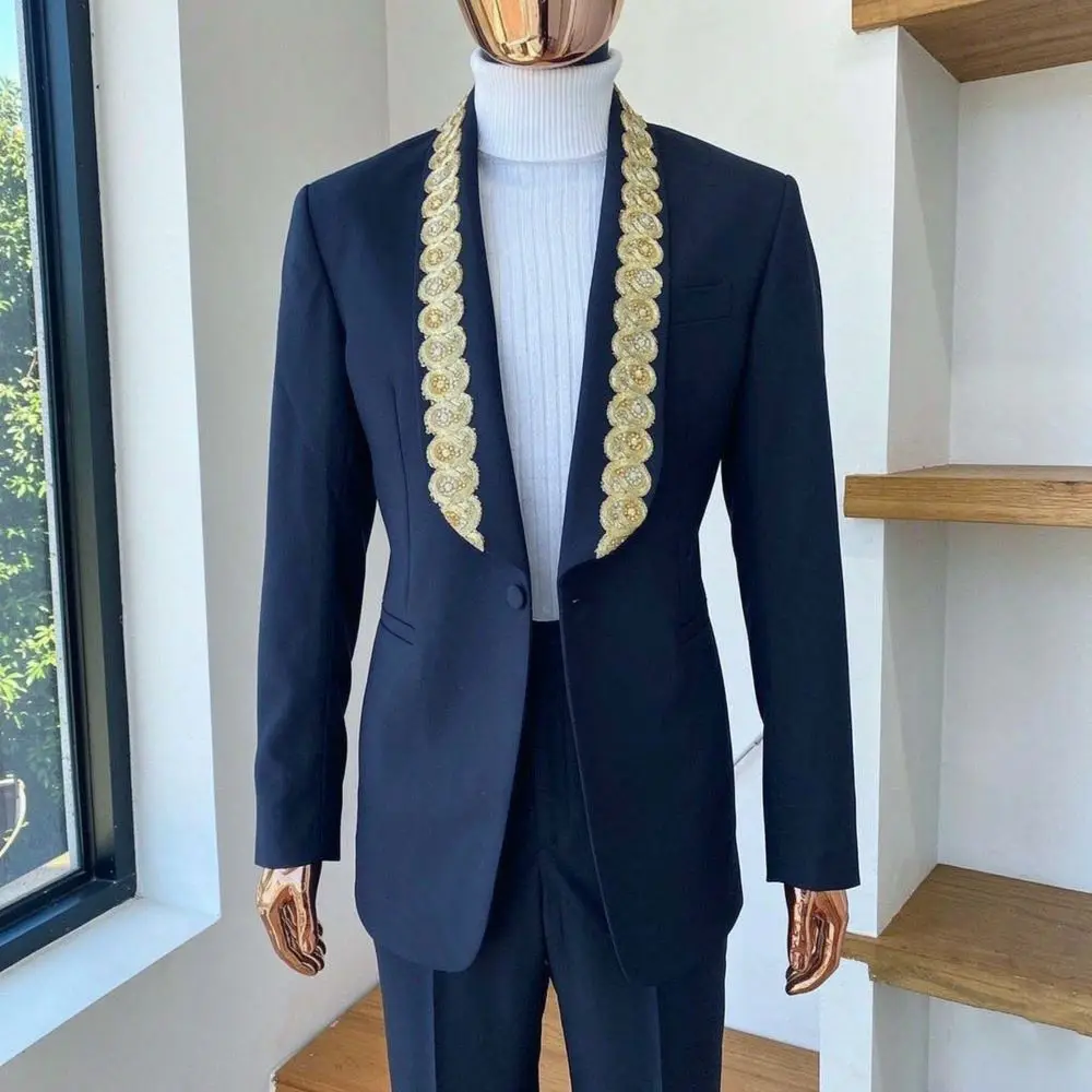 Luxury Men Beaded Wedding Suits Separates 2 Pieces Groom Tuxedo Slim Fit Evening Wear Prom Party Ceremony Special Occasions