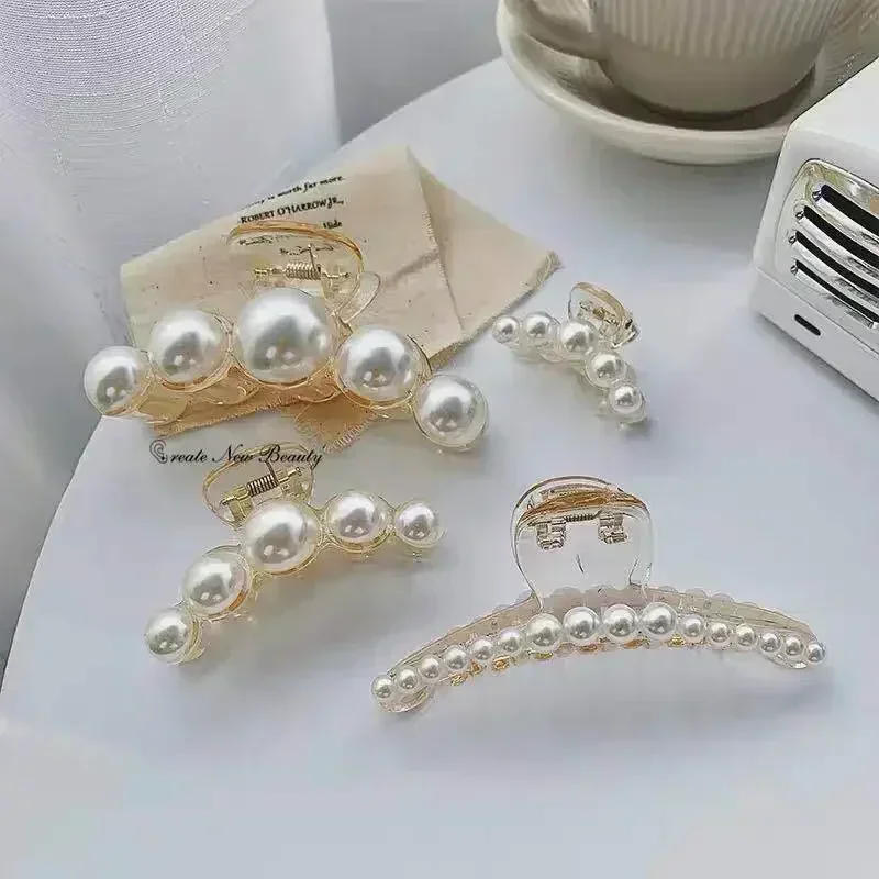 Simulated Pearl Hair Claws for Women Acrylic Barrette Shark Clips Female Korean Cross Crab Fashion Girl Headwear Jewelry