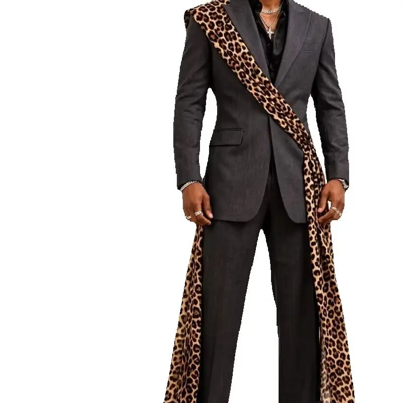 Leopard Brown Black Men Suit Set 2 Pcs Blazer Pants Belted Autumn Wedding Tuxedos Formal Office Business Jacket Coat Customized