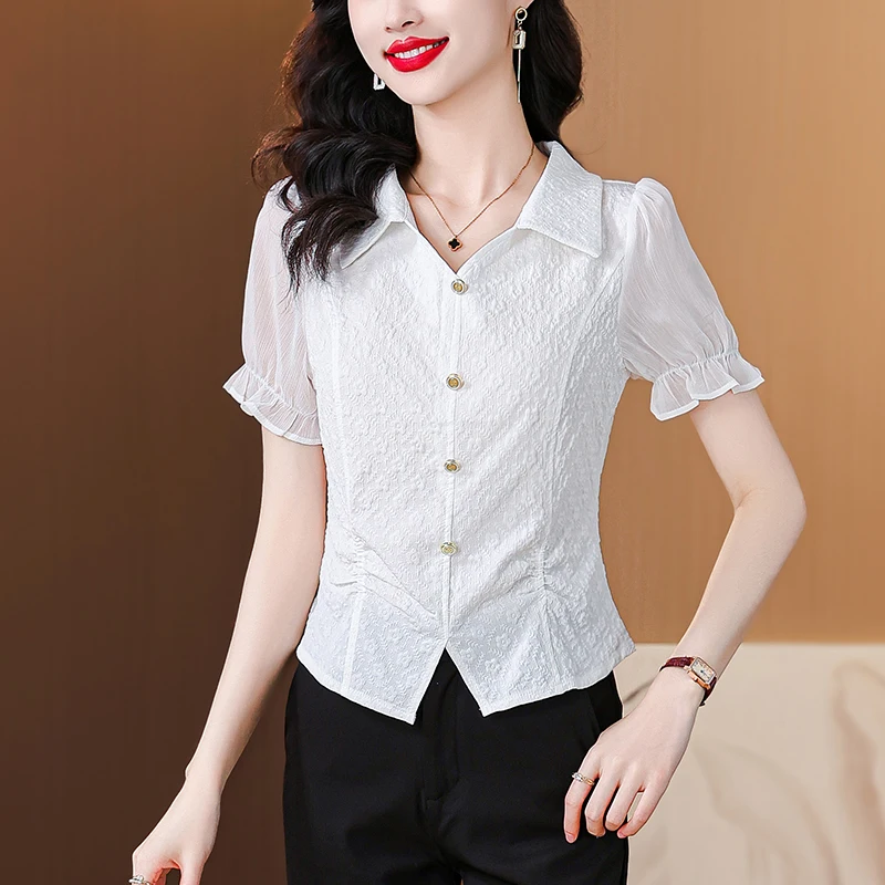 2024 Summer New White Shirt Design Sense Women\'s Bubble Sleeves French Style Slim Fit Gentle and Unique Pullover Shirt Short Sle