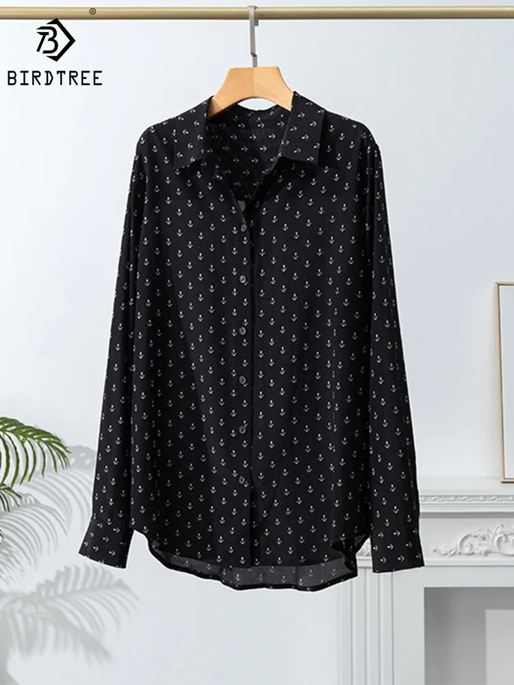 

Birdtree 100%Real Silk Women Elegant Loose Shirt Turn-down Collar Printed Blouses 2024 Spring Autumn Office Lady Tops T3D962QM