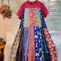 Spliced Cotton Patchwork African Floral Wura Loose Big Size Long Midi Dress Holiday Beach Boho Bali Ibiza Tribal Hippie Dress