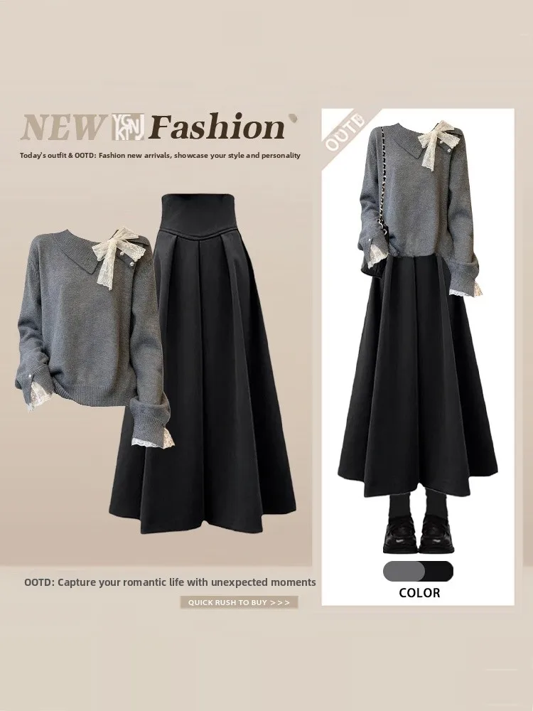 set lavorato a maglia opaco donna inverno Aosphere Knot ey Top vita alta dimagrante set due pezzi gonna longuette a vita alta