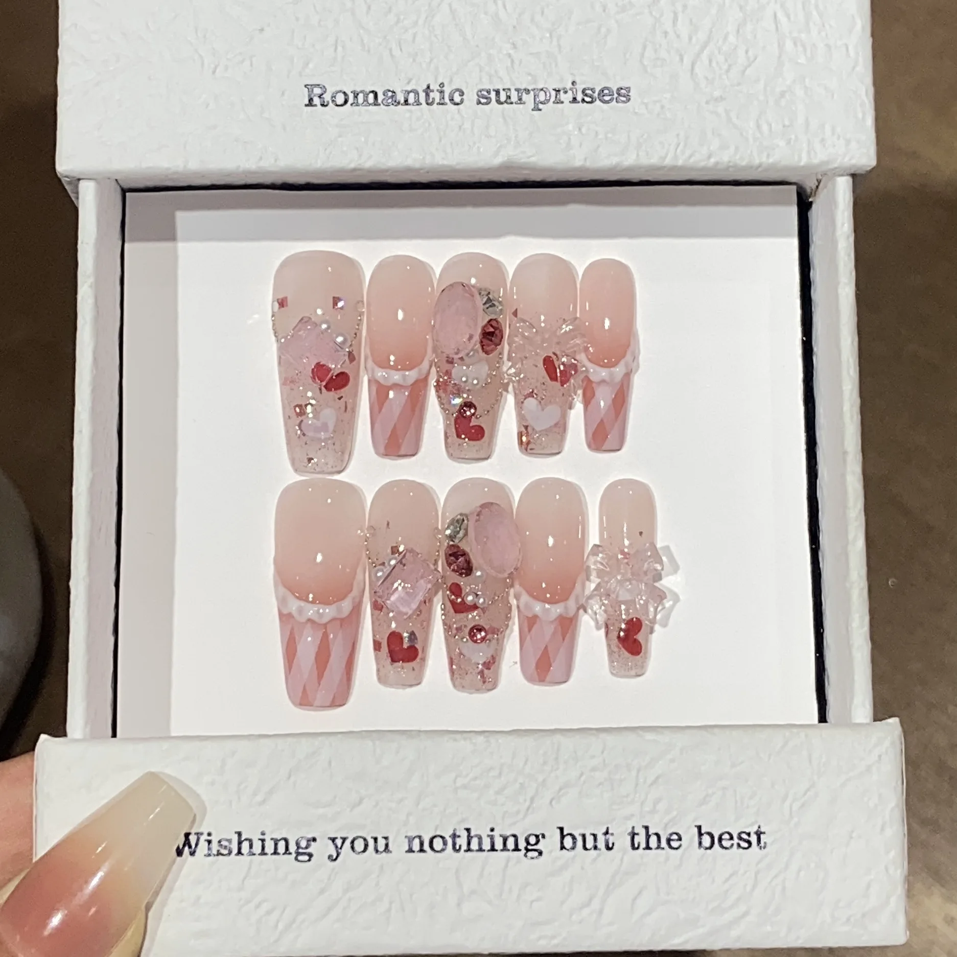 

10pc Pink Leopard Print Fake Nail Ombre French False Nails Heart Diamond Decoration Nail Art Handmade Ballet Press on Nails Long