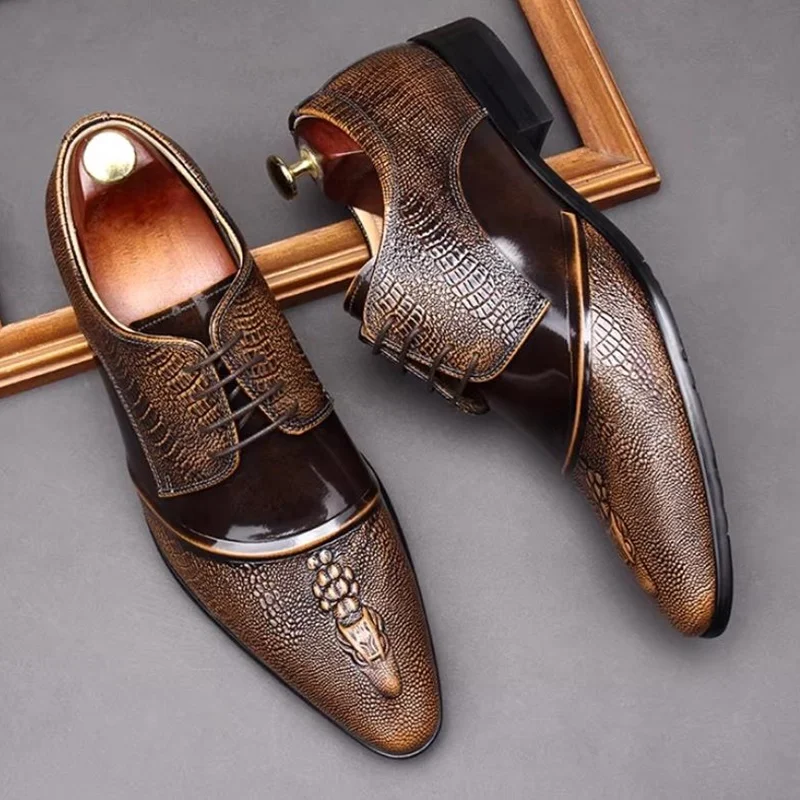 Stylish Men's Leather Shoes Pointed Toe Lace-up Crocodile Pattern Embossment Genuine Leather Formal Shoes Wedding Social Shoes