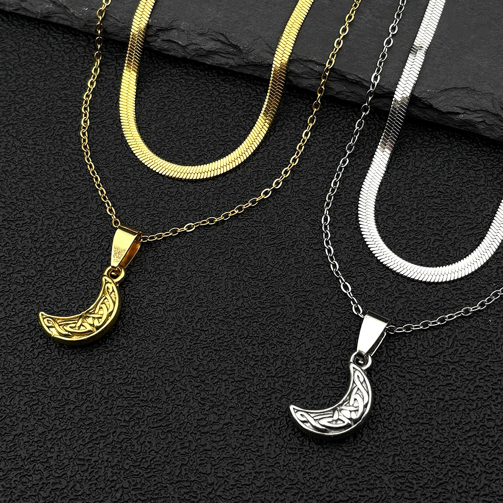 Crescent Moon Celtic Knot Double-layered Pendant Necklace for Men Women Gold Silver Color Blade Chain Jewelry Gift