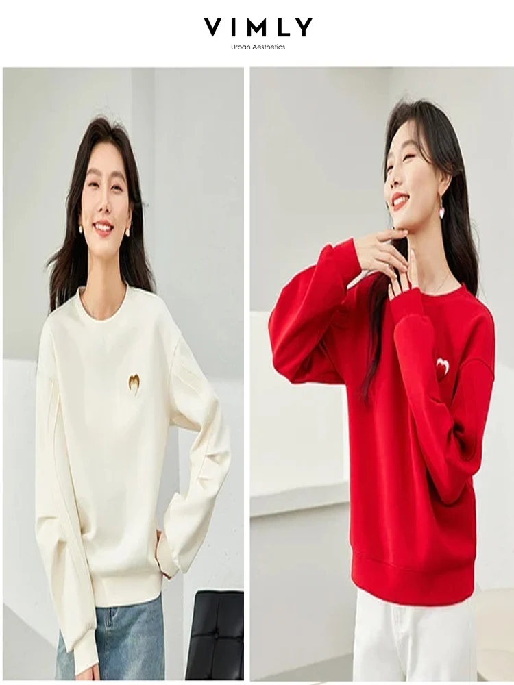 VIMLY Women\'s O-neck Sweatshirt Autumn/Winter Casual Long Sleeve Top Heart Embroidery Straight Loose Pullovers Tops M3252