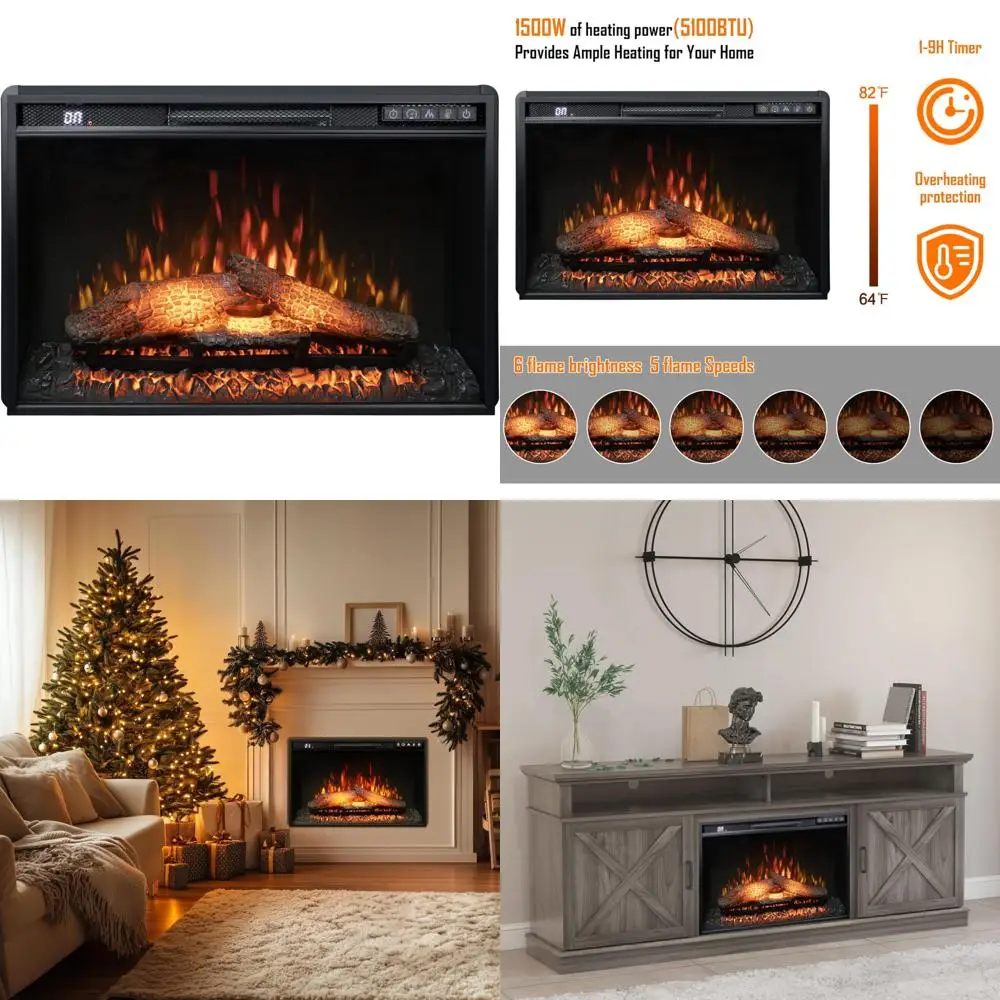 

26 Wall-Mounted Electric Fireplace, 1500W Recessed Insert, Remote, Timer, Adjustable Brightness & Speed, Safety Protection