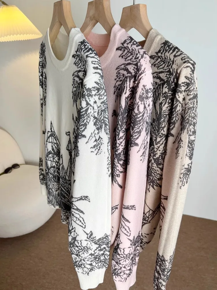 2024 Spring Fall Women Casual Style Pattern Printing Pullover Sweater Classic Crew Neck Knit Tops C-069