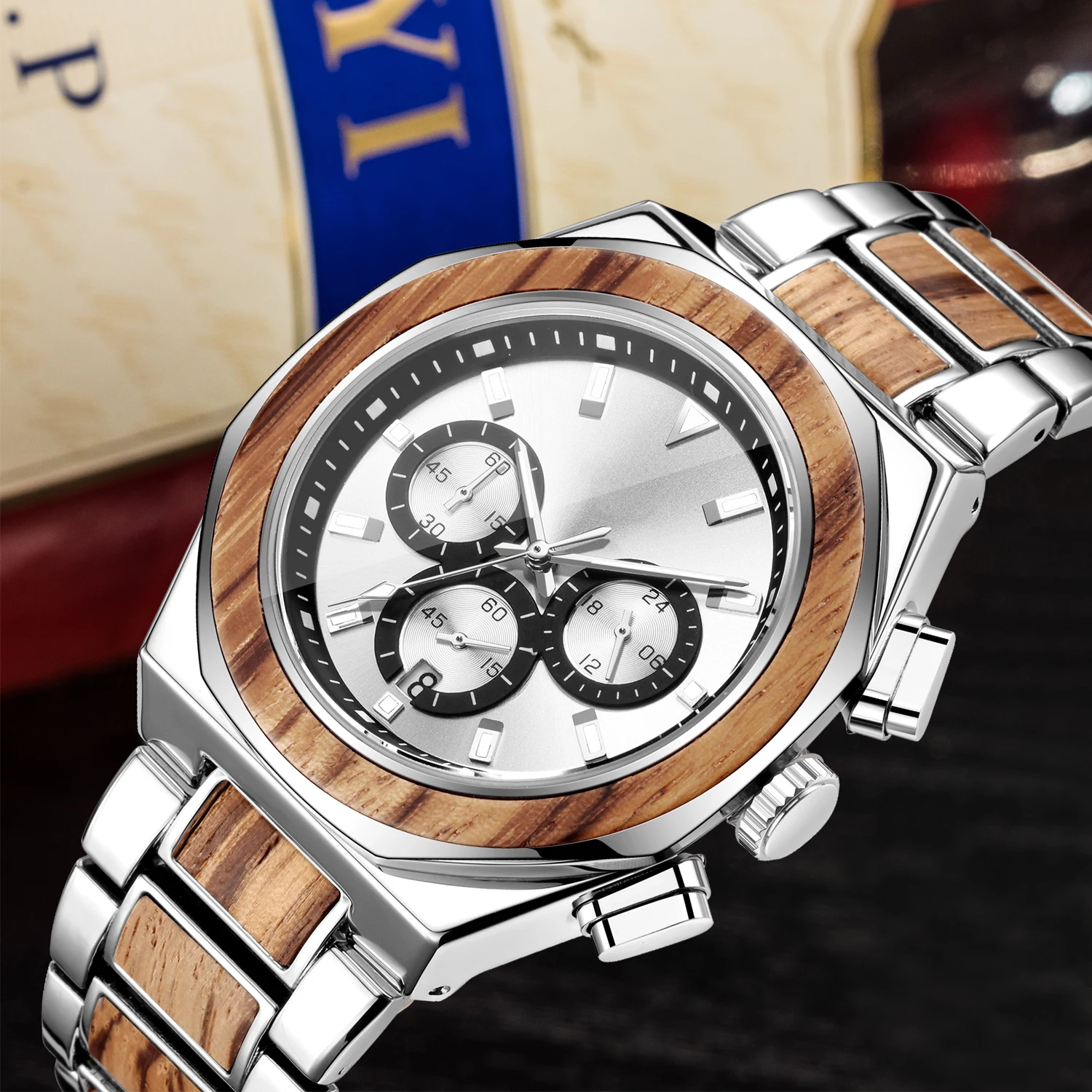 

Alloy & Wood Combined Strap Watches Mens Multifunction Chronograph Quartz Calendar Watch Unique Steel Wooden Clock Male Reloj