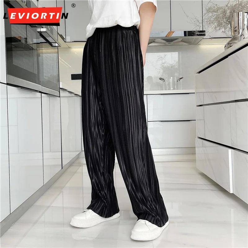 

Men Pleated Pants Joggers Elastic Waist Solid Streetwear Loose Wide Leg Trousers Korean Casual Men Cozy Straight Pantalones