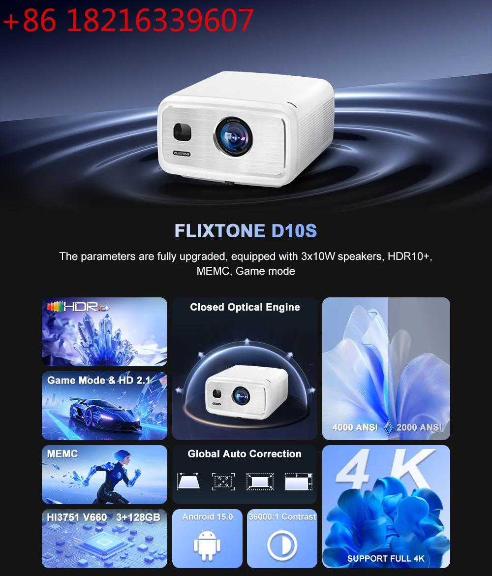 YAO Flixtone D10S Projector 1080P Projector Supporting 4K with V660 Chip MEMC Auto Focus