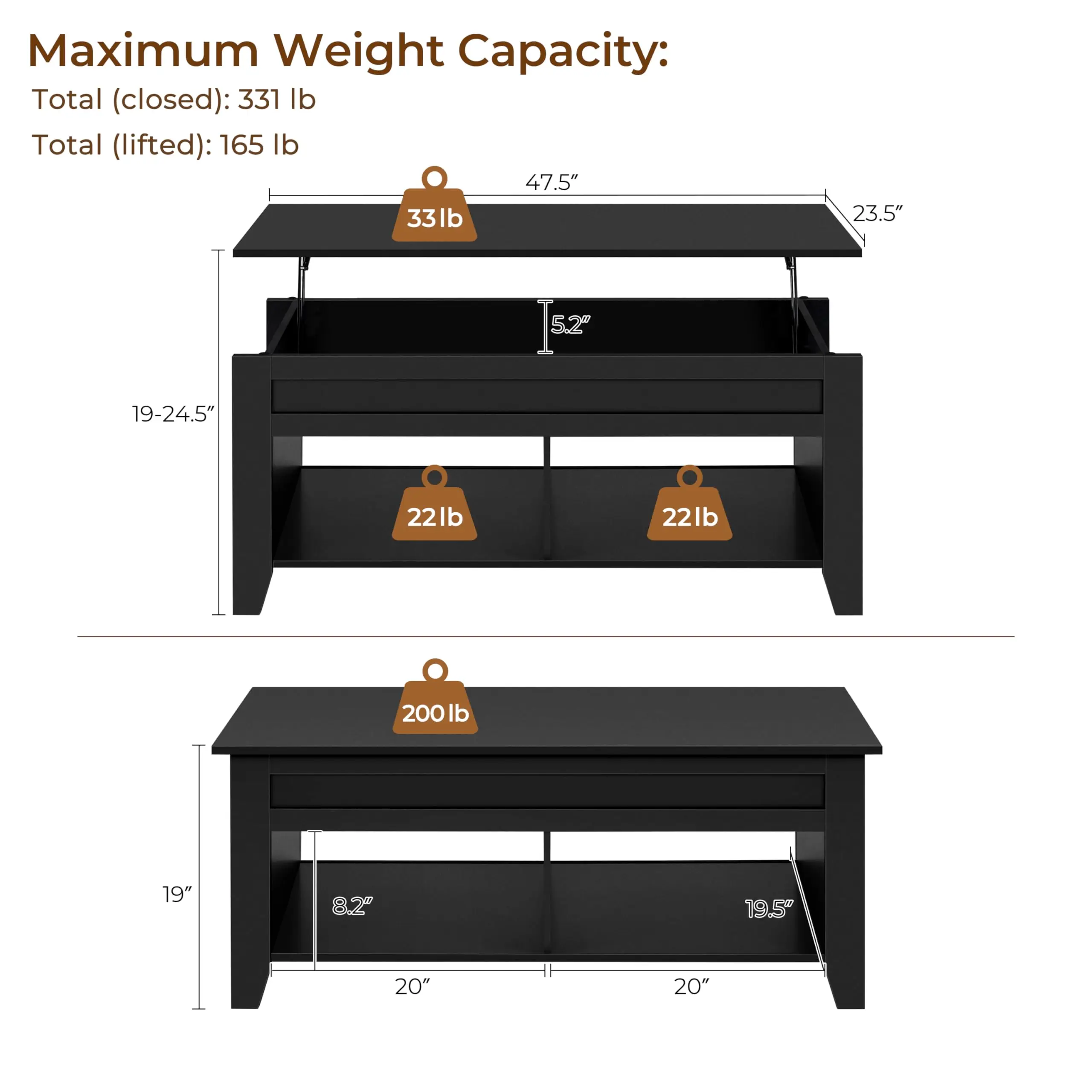 Lift Top Coffee Table, Multi-functional Table with Hidden Storage Compartment, Open Side Shelf, Adjustable Tabletop, Black