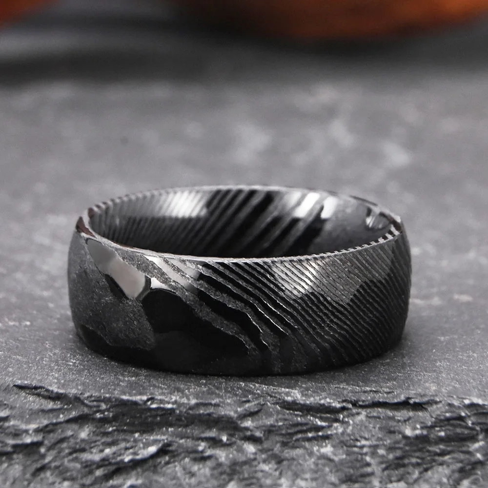 European And American Retro Wood Grain Damascus Steel Ring Curved Surface Men's Rings