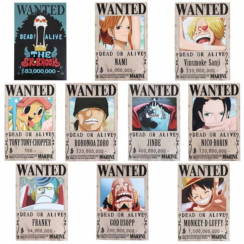 

Anime OP Straw Hat Pirates Wanted Poster Luffy Ace Jinbe Nami Chopper Robin Zoro Sanji Usopp Franky Poster Sticker Toy