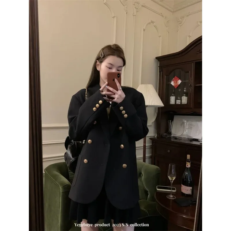 

UNXX Autumn/winter British Style Metal Double-breasted Blazers Jacket Retro Casual Solid Color Loose Suit Blazers Coat Woman's