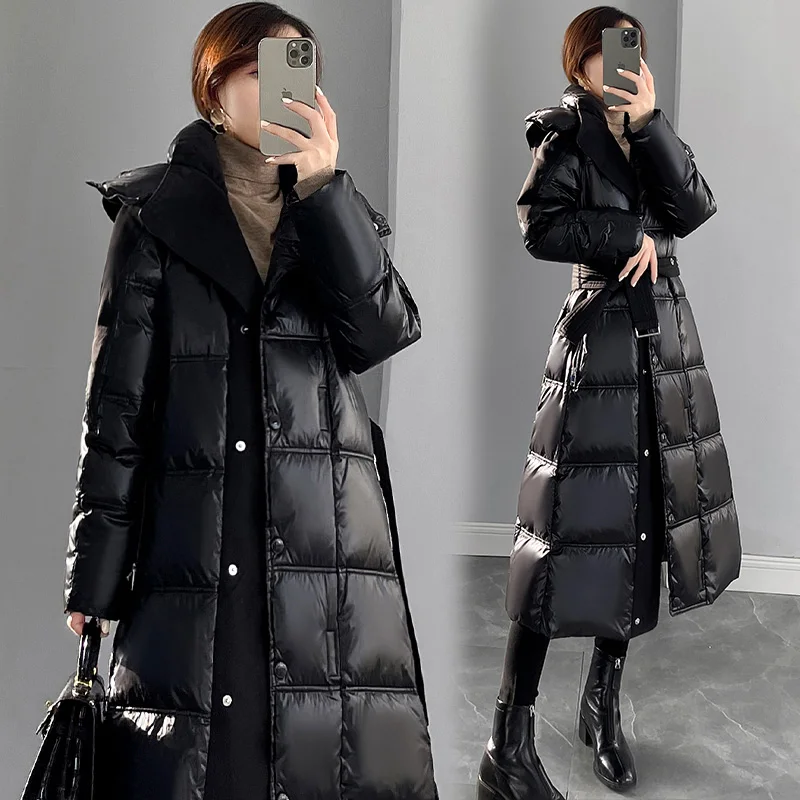 New high-Grade Black Bright Down Jacket Women's Winter Coat 90% White Duck Down Coats Female Casual Hooded Parker Overcoat Belt