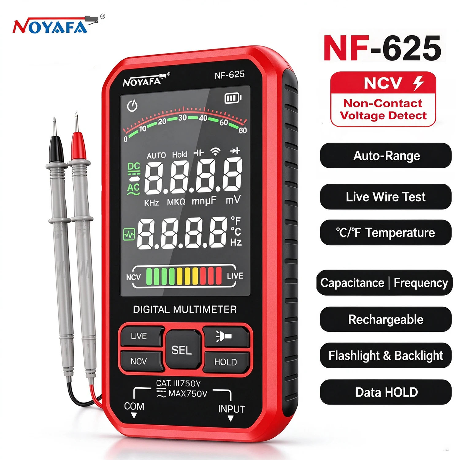 NOYAFA NF‑625 Rechargeable Auto‑Ranging Digital Multimeter DC AC Voltage Resistance Capacitance Frequency Temp Tester NCV Live‑W