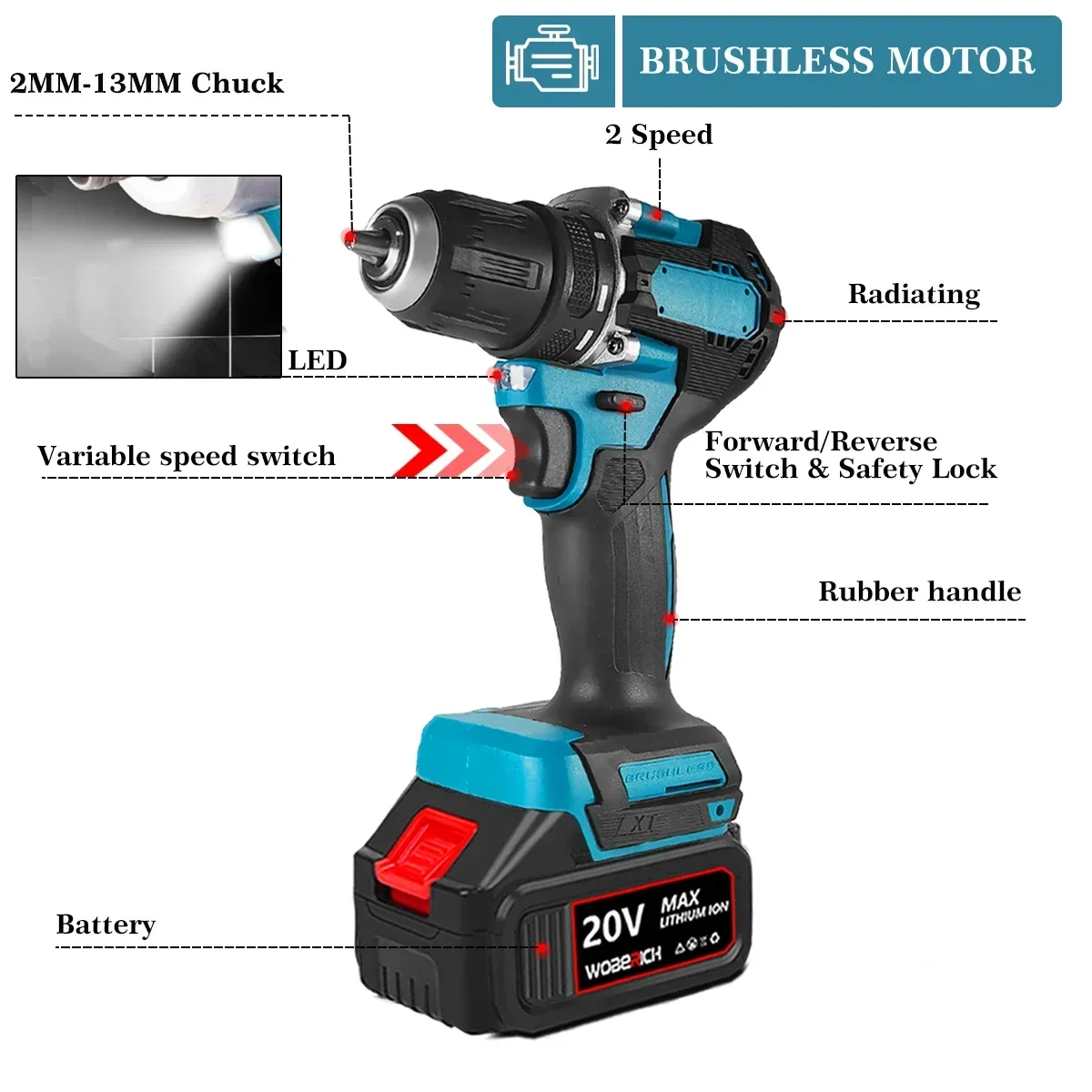 WOBERICH  Brushless 1/2 inch Electric Impact Wrench 13mm Electric Impact Drill Combo Kit Power Tool Sets For Makita 18V battery