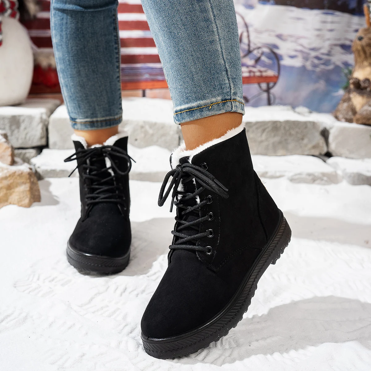 Women's Fleece‑Lined Lace‑Up Winter Snow Boots, Warm Faux Fur Interior Mid‑Calf Booties, Non‑Slip Thick Rubber Sole Comfortable Casual Shoes, Cozy Fashion Winter Footwear Ladies Outdoor Cold‑Weather Daily Wear, Clearance Sale