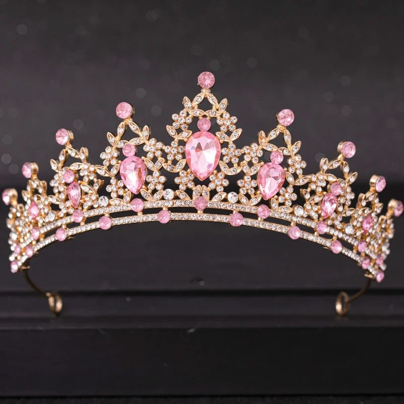 Pink Crystal Tiaras And Crowns For Women Bride Pink Rhinestone Prom Diadem Crown Tiara Bridal Wedding Hair Accessories Jewelry image 3