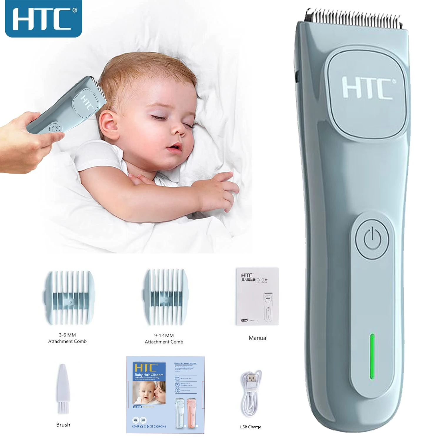 Htc Kids Hair Trimmer Waterproof Ipx6 Fully Washable Lithium Batter With Low Noise Sleep Haircut Home- Use Baby Hair Clipper