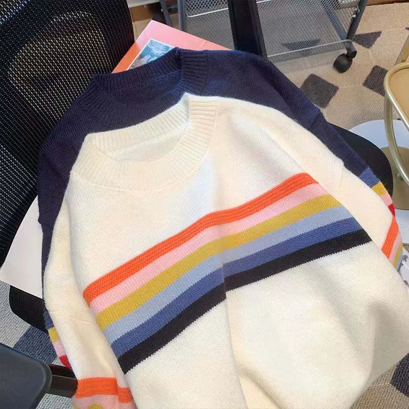 Lazy Smiley Rainbow Stripe Sweater, Knitwear, Women\'s Autumn And Winter Wear, Versatile Loose And Thin, Foreign Pullover Top