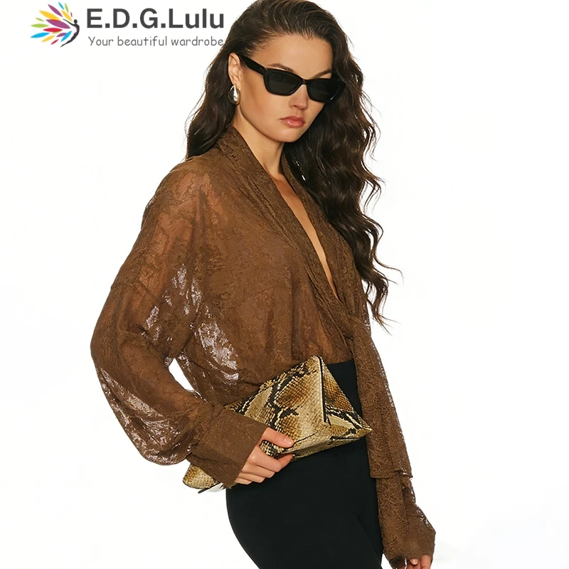 EDGLuLu 2026 Summer Hollow Embroidery Lace Bodysuit For Women Deep V Neck Long Sleeve Romper Streetwear Party Clubwear 0409