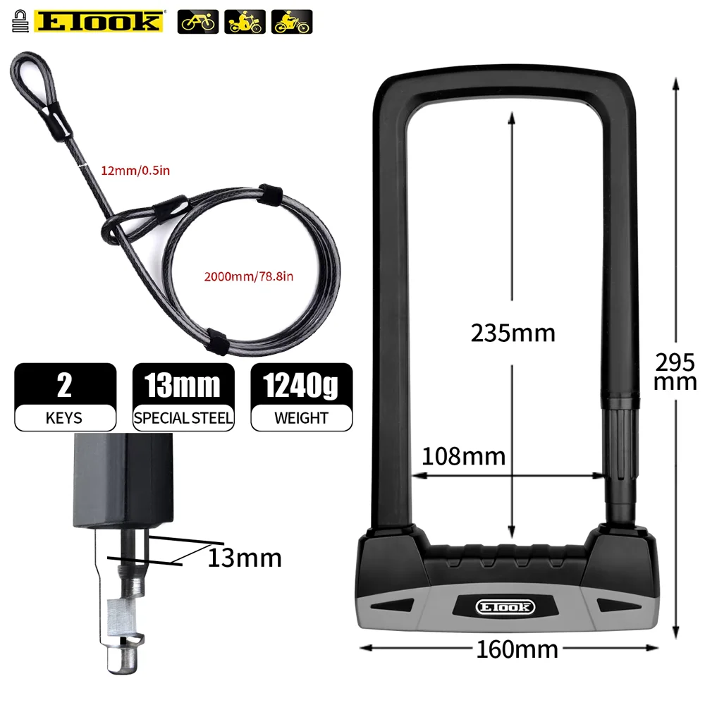 Etook Bike U-lock High End 20T Hydraulic Shear Resistant Lock Motorcycle Lock Convenient Lock Frame Bicycle Accessories
