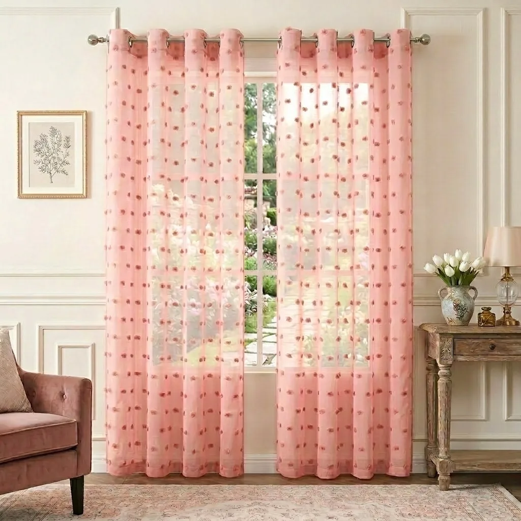 2 Panels Floral Jacquard Semi Sheer Curtains for Bedroom Living Room Light Filtering Decoration Grommet Top Window Treatments Drapes