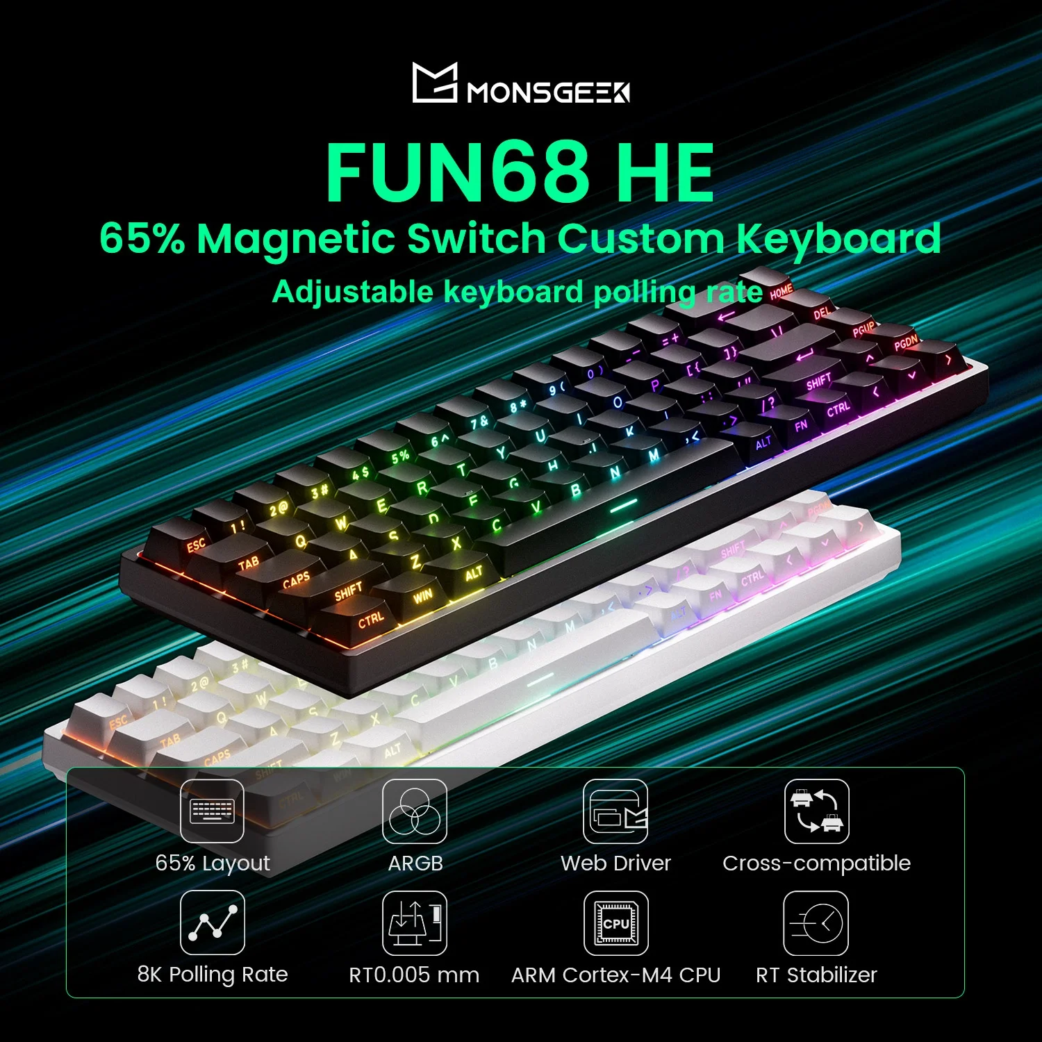 

MonsGeek FUN68 HE Механическая клавиатура 65% магнитный переключатель Rapid Trigger 0,005 мм 8K ARGB Type-C/2,4g и BT Беспроводная игровая клавиатура