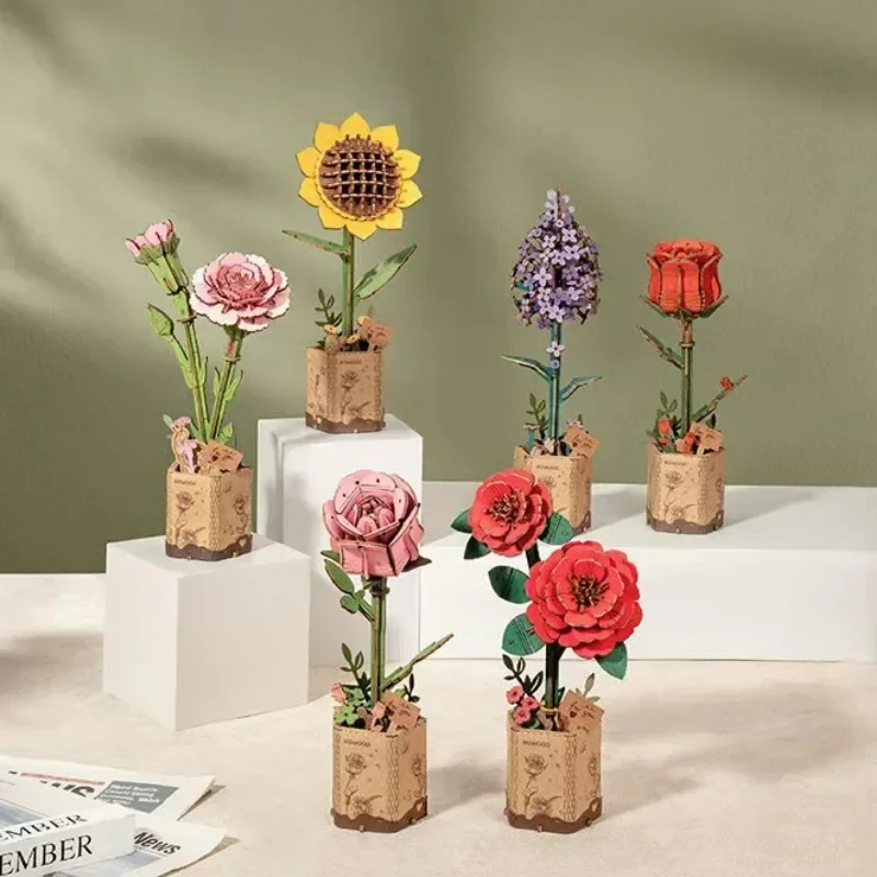 

Building Block Bouquet DIY Flower Arrangement Wooden Bricks Kits Sunflower Rose Carnation Office Home Decor Romantic Flower