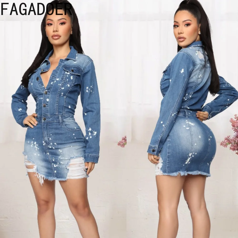 

FAGADOER Spring New Printing Slim Denim Mini Dresses Women Turndown Collar Long Sleeve Button Vestidos Fashion Pocket Clothing