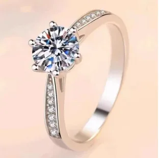 Moissanite Engagement Ring for Women in White Copper with Electroplated White Gold Finish Geometric Round Design Six-Prong Setti
