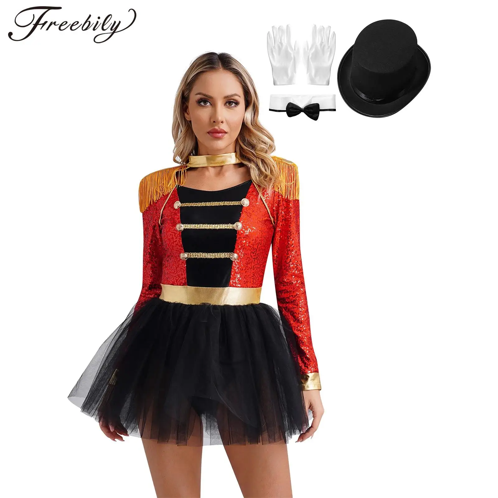 

Women Carnival Circus Ringmaster Cosplay Costume Leotard Dress with Hat Collar Gloves Set for Halloween Theme Party Performance