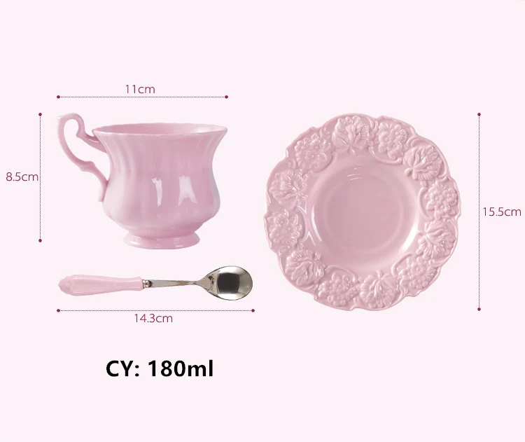 Elegant Pink Coffee Cup Saucer Spoon Set Europe Princess Ceramic Tea cup 180ml Top Porcelain Teacup Cafe Teatime Drinkware